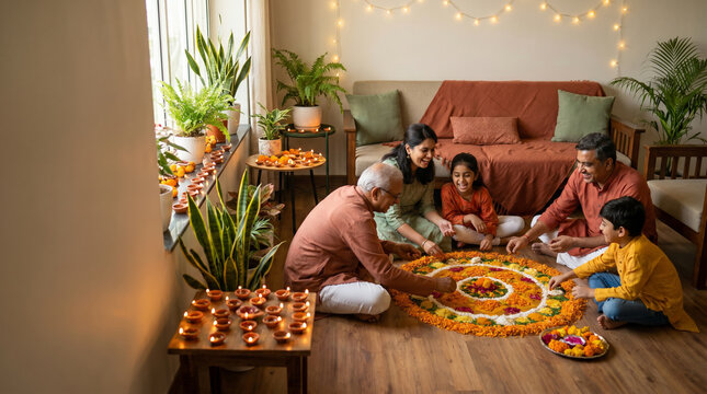 Indian family creating a flower rangoli with diyas, highlighting eco-friendly Diwali celebrations for festive lifestyle marketing.