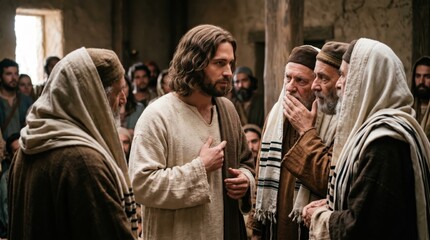Obraz premium Jesus Christ teaching a group of skeptics and scribes in an ancient room. Biblical scene depicting a historical confrontation about faith, forgiveness and divine authority in life.