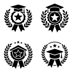 Obraz premium School Achievement Badge icon featuring a star award, graduation cap, ribbon, and laurel wreath in a harmonious academic composition. Premium black and white vector emblem ideal for schools, universit