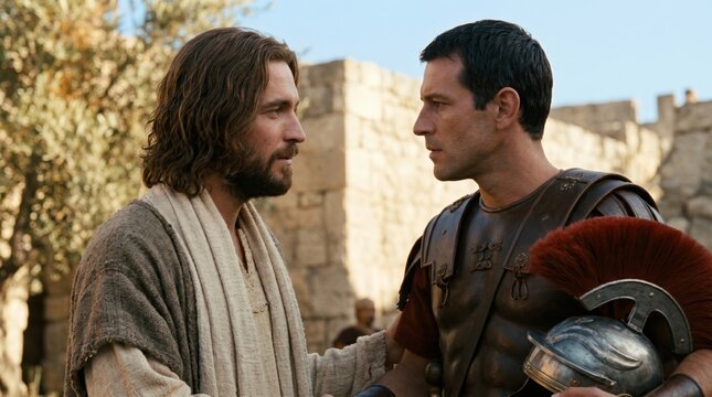 Jesus talking with centurion in Capernaum. Man in religious tunic speaking to roman soldier in ancient armor. Biblical scene of faith and trust for christian teaching and media.