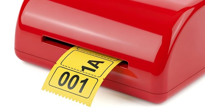 Red ticket dispenser issuing a numbered ticket for service or queuing