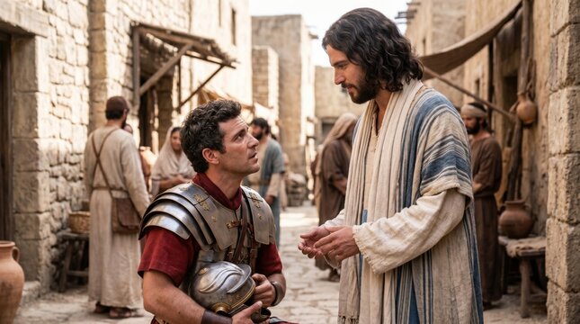 Jesus talking to a Roman centurion in a biblical village street. The man in armor asks for healing for his servant. Historic religious scene depicting faith, humility, and miracle.