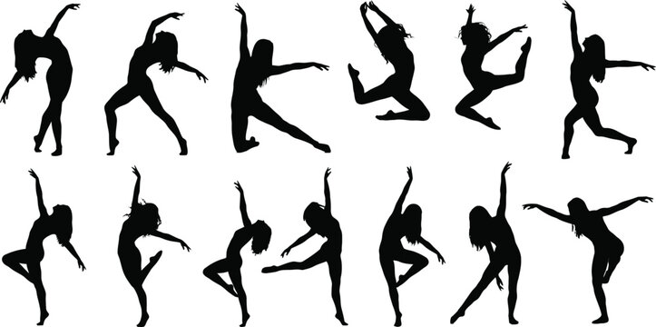 Set of female dancer silhouettes modern dance and gymnastics poses isolated on white background vector clipart