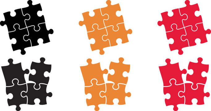Puzzle pieces in black orange and red for problem solving and brain teasers