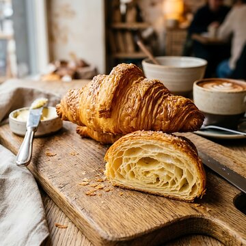 Close-up shot of a freshly baked croissant with butter and a cup of coffee on a wooden board in a cafe setting