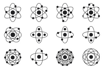 Atom and solar system icon set, scientific atomic symbols, planetary orbit designs, space education elements, physics astronomy vector collection © Alamin by vision 2