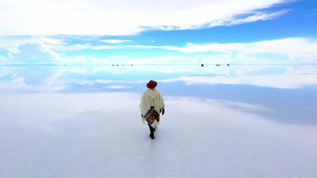 Tourist in Traditional Poncho Exploring Salar de Uyuni Mirror Effect, Bolivia