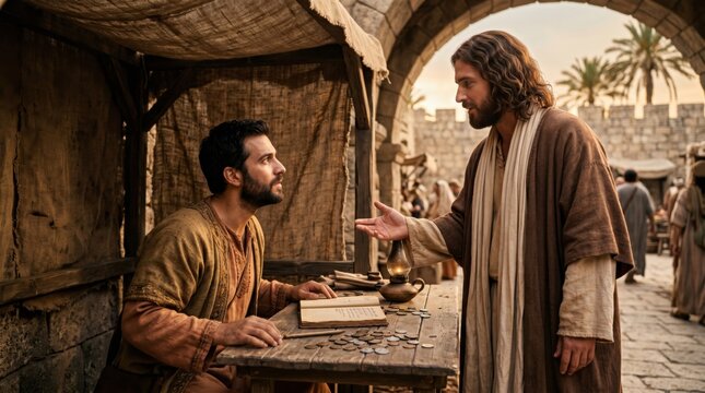 Jesus calling Matthew the tax collector to follow him. Historical biblical scene featuring man and prophet interacting at marketplace. Religious spiritual theme for church project.
