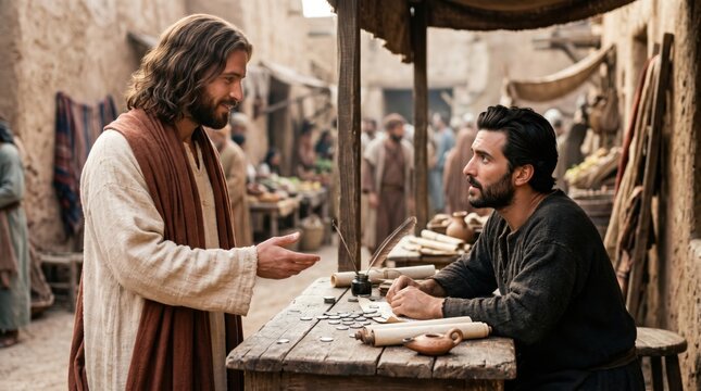 Jesus calling Matthew the tax collector at his customs post. Biblical scene of Christ inviting disciple to follow Him. Ancient Middle Eastern street setting for religious narrative.