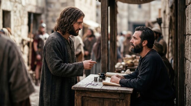 Jesus Christ calling Matthew the tax collector to follow him. Biblical scene of a man being recruited as a disciple at his desk. Religious artistic depiction of a holy transformative event.