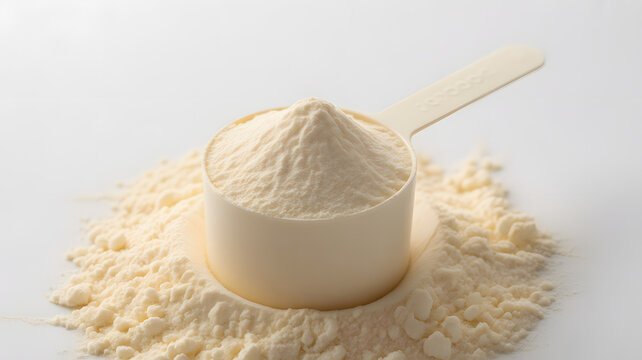 Heap of powder in measuring spoon on white background