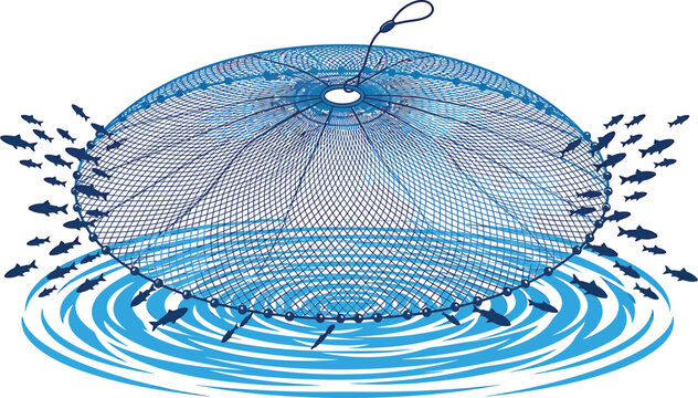 Cast fishing net being thrown into water with equipment circular commercial industry activity outdoors professional illustration isolated background