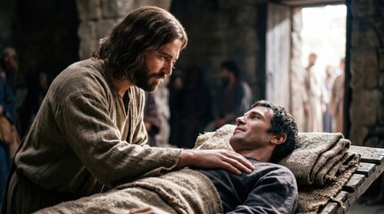 Obraz premium Jesus touching and healing a sick man lying on a bed in a biblical setting. Religious scene depicting a miracle and forgiveness. Gospel story from the Bible about faith and compassion.