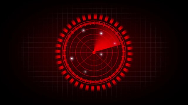 Red radar screen display scanning for targets or signals, showing an animated sweep line and detected objects over a dark grid background, perfect for technology and security themes.