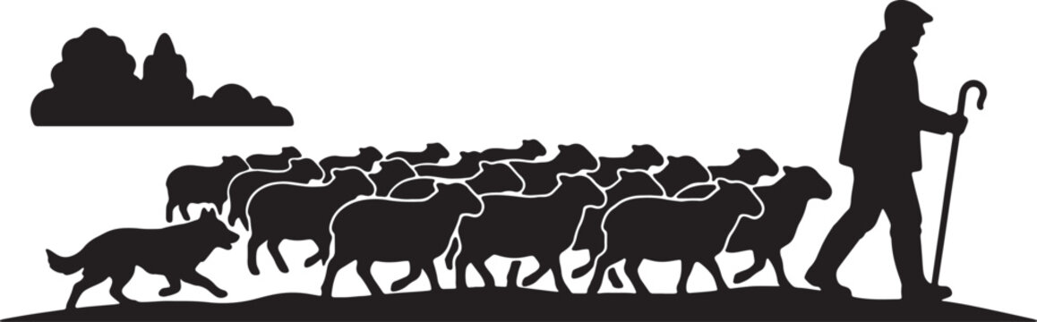 Shepherd with flock of sheep and border collie dog illustration black silhouette isolated on white background for farm rural life farm graphic.