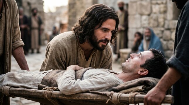 Jesus Christ healing a paralyzed man lying on a stretcher. Biblical scene from the Gospel of Matthew where a sick person meets savior. Spiritual faith, miracle, and compassion concept.