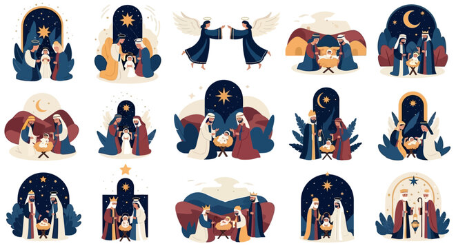 Nativity Scene Vector Set with Holy Family, Baby Jesus, Wise Men, Shepherds and Christmas Religious Illustrations