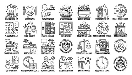 Fototapeta premium Food Waste Reduction, Sustainability, and Recycling Vector Icons 
