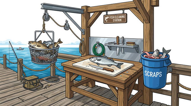 Fishing cleaning station on a wooden pier with fresh catch and scraps bin cleaning commercial recreation preparation equipment structure platform environment industry lifestyle