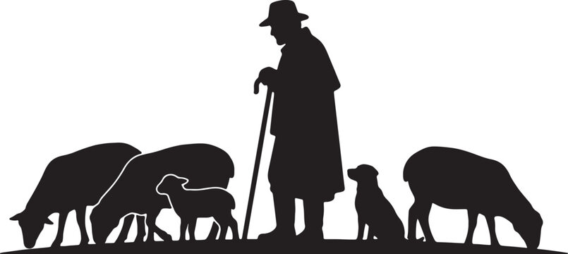 Silhouette illustration of old shepherd with herd of sheep and loyal dog grazing in meadow representing classic rural life in countryside style.