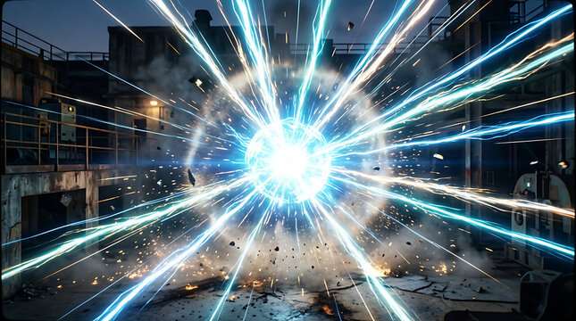 Radial halftone dots expanding rapidly create bright explosion in industrial area at night