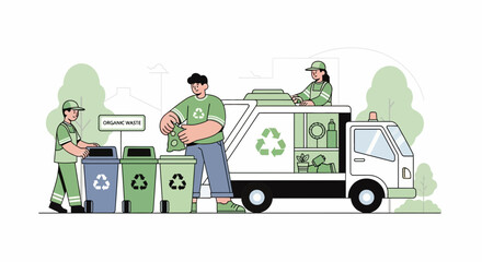 Naklejka premium Waste management workers sorting recycling with garbage truck, eco-friendly concept