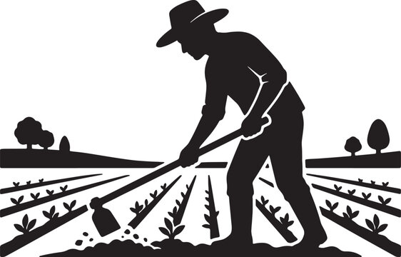 Black silhouette of farmer using hoe in agricultural field with small seedling plants isolated on transparent background for rural farm concept.