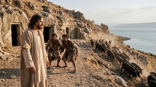 Jesus Christ healing two possessed men in the country of the Gergesenes. Biblical scene of demonic deliverance. Herd of swine rushing down a cliff into the sea. Historical reenactment.
