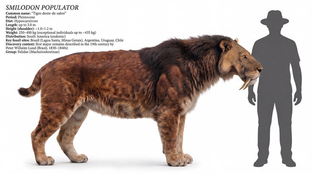 Smilodon populator size comparison with human silhouette and scientific information, prehistoric saber-toothed cat shown at full body scale beside a clothed human silhouette on white background, clean
