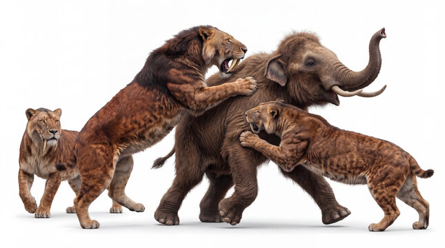 Smilodon populator group attacking a woolly mammoth, several prehistoric saber-toothed cats coordinating a powerful predatory attack against a mammoth in a dynamic hunting scene on white background