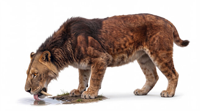 Smilodon populator drinking water, prehistoric saber-toothed cat lowering its head toward a water source in a natural hydration pose on white background