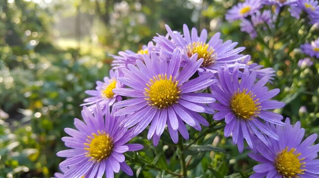 Beautiful purple aster flowers blooming in a sunny garden