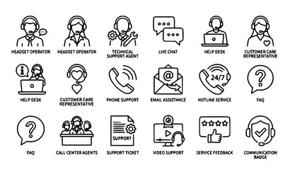 Fototapeta premium Black and white customer support service icon set with call center hotline and technical support symbols vector illustration