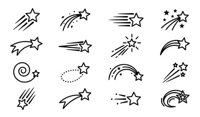Black and white shooting star icon set with star trail symbols isolated vector illustration © MD. Moniruzzaman