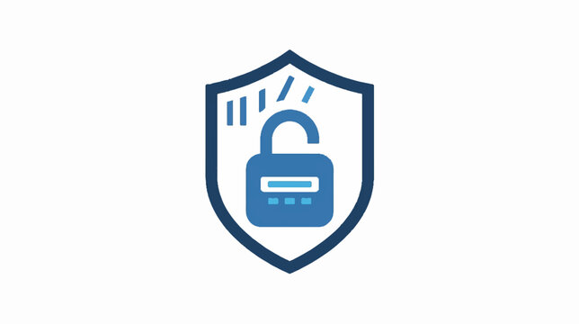 Blue shield icon with unlocked padlock representing cyber security vulnerability and data breach risk vector