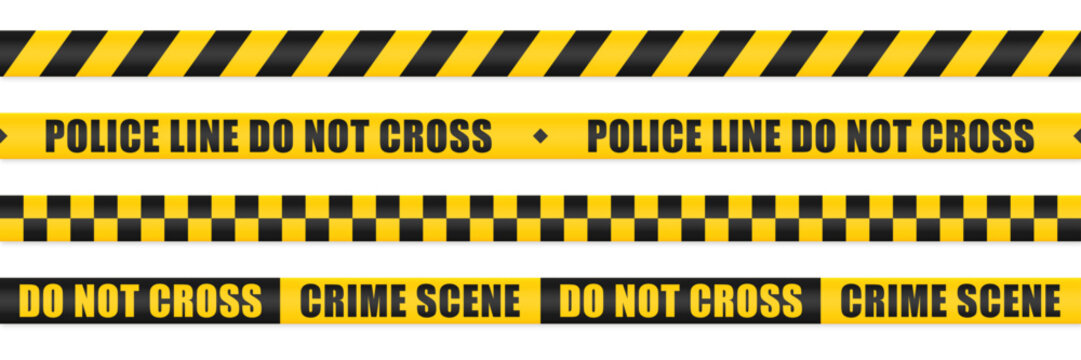Police line do not cross tape vector set. Realistic police crime scene tapes seamless pattern. Isolated black and yellow police lines ribbon on white background. Restricted area. Vector illustration.