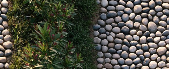 Fototapeta premium A neatly arranged pebble pathway captured from above, showcasing a balanced layout in a serene outdoor space.