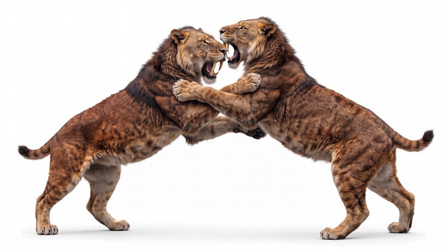Smilodon populator males fighting, two prehistoric saber-toothed cats engaged in an intense dominance confrontation, rearing and grappling with each other in a dynamic combat pose on white background