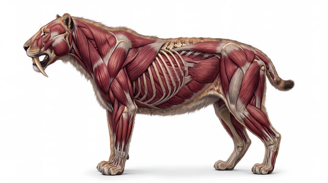 Smilodon populator muscular anatomy view, detailed musculature of the prehistoric saber-toothed cat with skin removed, showing powerful muscle groups and anatomical structure on white background