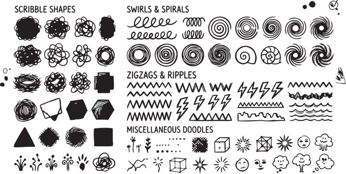Abstract Scribble Shapes Swirls And Zigzags Doodle Elements Set Vector Illustration