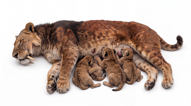 Smilodon populator mother nursing cubs, prehistoric saber-toothed cat female caring for and breastfeeding her young offspring in a natural maternal behavior scene on white background