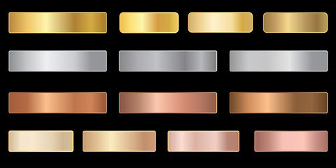 Collection of metallic gradient textures in various shades of gold, silver, bronze, copper, and rose gold, presented as shiny rectangular buttons or banners © JahiPix