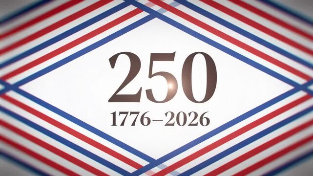 Starting numeric emblem pulsing at title card, showing 250, 1776&ndash;2026 with diamond frame and flares