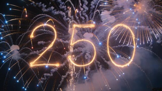 Igniting pyro numerals 250 centering in night sky, with golden arcs, blue bursts, drifting smoke