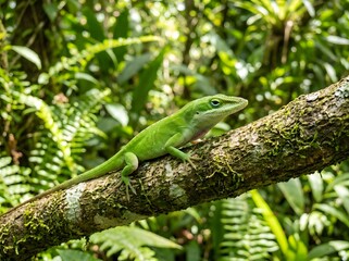 Fototapeta premium Vibrant Green Anole Lizard Perched on a Mossy Tree Branch in a Lush Rainforest.