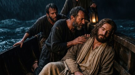 Fototapeta premium Jesus sleeping on boat during storm while disciples wake him in fear. Biblical scene from Matthew 8 where miracle calms turbulent waves. Religious faith, hope and divine protection concept.