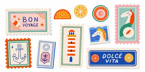 Collection of retro style travel stickers featuring nautical themes and citrus fruit slices anchor anchors © Ranajit