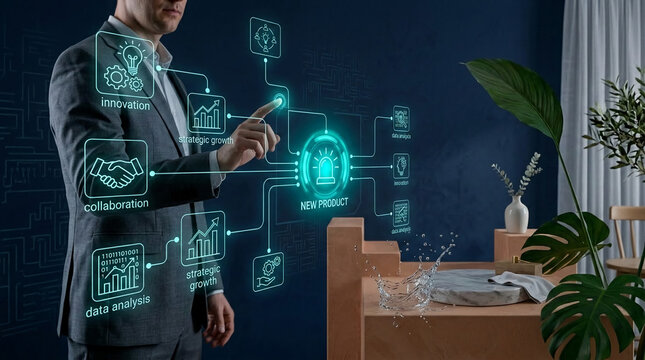 A businessman interacts with a digital interface showing concepts like innovation, collaboration, and strategic growth, symbolizing new product development.