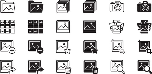 Fototapeta premium Photography and Image Gallery Icon Set with Camera, Folder, Crop, and Edit Interface Symbols