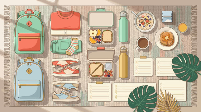An organized flat lay illustration featuring colorful backpacks, packed lunch boxes, casual clothes, sneakers, breakfast, and note pads for school planning, lifestyle, and education concepts.